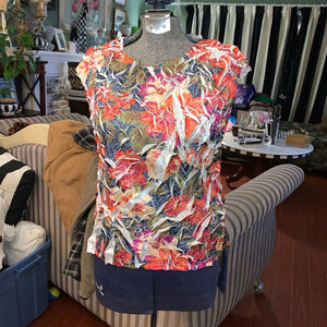 Women's Unbranded Floral Crinkle Sleeveless Top M Orange Green